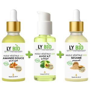 LY BIO PACK HUILE AMANDE DOUCE 50ML - PIPETTE + HUILE AVOCAT 50ml - POMPE + HUILE SESAME 50ml - PIPETTE