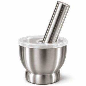 Mortier et Pilon en Acier Inoxydable avec Couvercle Transparent – 10 cm – Pilon 15 cm – Broyeur Manuel pour Épices, Herbes et Fruits Secs – Robuste et Facile à Nettoyer
