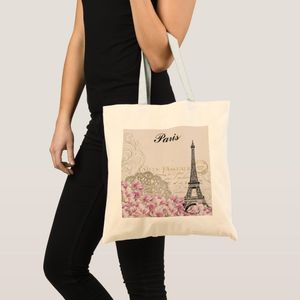 Tote bag Paris france tower eiffel pink flowers vintage Unique, haute qualité