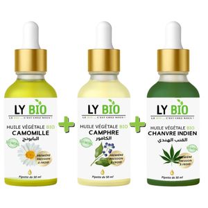 LY BIO PACK HUILE CAMOMILLE 50ML - PIPETTE + HUILE CAMPHREE 50ML - PIPETTE + HUILE HYDRATANTE & NUTRITIVE 50ML - PIPETTE