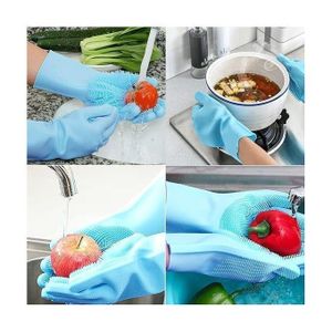 Gants en Silicone avec Brosse de Nettoyage, Sharp Réutilisables Gants Magiques Vaisselle pour Lavage, Vaisselle, Nettoyage, Cuisine, Ménage, bleu.