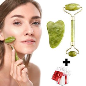 Ensemble de rouleau de massage facial avec pierre de jade, racleur naturel, pour le lifting du visage, le gua sha, le corps et le dos, l'amincissement, rouleau de massage + rouleau de micro-aiguillage offert