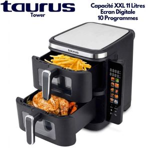 Taurus TOWER Air Fryer à capacité XXL De 11 Litres Avec 2 Paniers de cuisson Indépendantes 5,5L, 10 Programmes intégrés, Écran Digital Pliable, Cuisson Synchronisée, Grande Capacité pour Toute la Famille