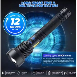 Torch Lampe Torche LED Rechargeable Haute Puissance – 12H Autonomie – Avec 2 Batteries + Câble USB