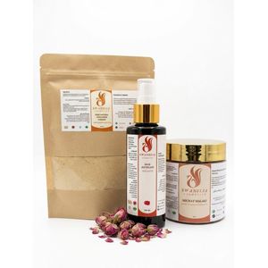 SWANELIA COSMETICS باك التكثيف والتغذية الملكية "Swanelia" – المشاط الأحمر (250g) + بودرة الحلبة (250g) + مقطر الورد الطبيعي (130ml)