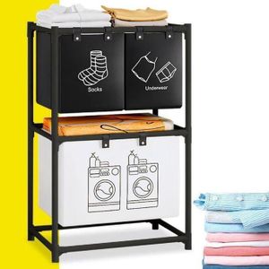Panier à linge multifonction pour chambre, étagère à linge, salle de bain, double niveau, 3 paniers, tiges métalliques.
