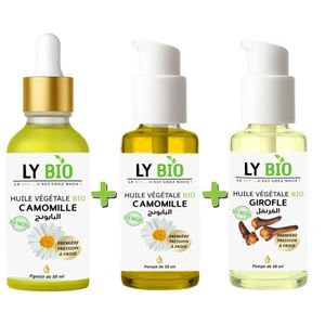 LY BIO PACK HUILE CAMOMILLE 50ML - PIPETTE + HUILE CAMOMILLE 50ML - POMPE + HUILE GIROFLE 50ML - POMPE