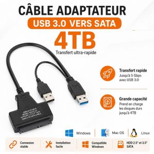 Adaptateur 4TB USB 3.0 vers SATA pour HDD SSD 2.5” 3.5” – Câble Convertisseur Disque Dur Haute Vitesse