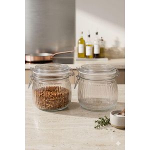 Lot de 2 Bocaux de Conservation en Verre Nervuré avec Couvercle Ermétique – Idéal pour Épices, Café et Vrac – Capacité 500ml