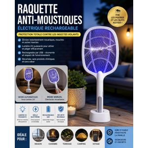 Raquette Anti-Moustique Électrique Rechargeable – Tueur de Moustiques LED UV Protection Totale Intérieur & Extérieur