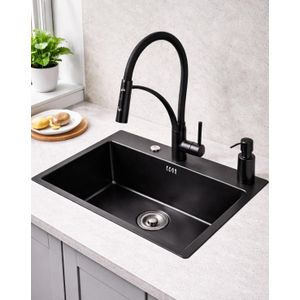 SM حوض مطبخ أسود مع خلاط مصنوع يدويًا من الفولاذ المقاوم للصدأ للمطبخ