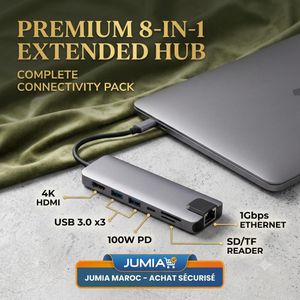 Hub USB-C Étendu 8-en-1 Premium – Adaptateur Multiport Type-C Haute Vitesse Avec Sortie 4K HDMI, Port Ethernet RJ45 1Gbps, USB 3.0, Lecteur SD/TF Et Charge PD 100W