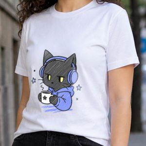 T-shirt Unisex - Grumpy Black Cat Headphones Coffee Hoodie Doodle Lover Graphic - grumpy cat coffee - White