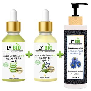LY BIO PACK HUILE ALOE VERA 50ml - PIPETTE + HUILE CAMPHREE 50ML - PIPETTE + SHAMPOOING A L'HUILE DE NIGELLE 200ML