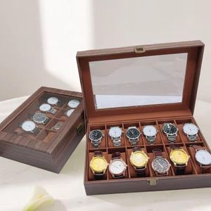 Boîte de rangement en bois pour montres, présentoir à 12 emplacements avec couvercle en verre, étui à montres pour homme, cadeau idéal pour un anniversaire, ou toute autre occasion spéciale. Couleur : marron(30x20x8)cm.