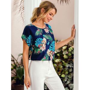 SHEIN Top Haut T-shirt bleu florale demi manches romantique sexy, pour femmes, camisole Crop-Top