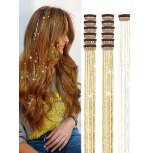 12 Clips à Cheveux Dorés Brillants – Extensions à Franges avec Rubans, Accessoires Élégants pour Femme, Idéal Quotidien, Soirée et Fête