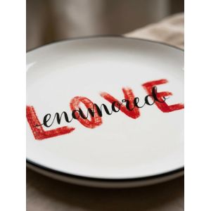 Plat 	Lot de 2 assiettes plates LOVE 25,7 cm – Assiettes blanches à bord noir, décor rouge