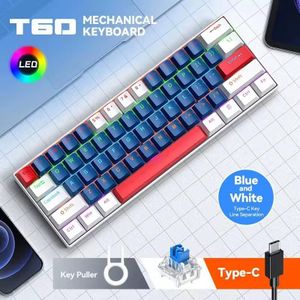 T-Wolf Clavier mécanique de jeu avec interrupteurs tactiles bleus, 61 touches, rétroéclairage RVB, câble Type-C détachable pour l'entrée de données et le jeu T60 Bleu