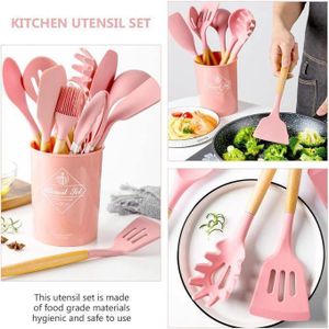 Lot de 12 ustensiles de cuisine antiadhésifs en silicone avec poignées en bois avec Porte-Louche