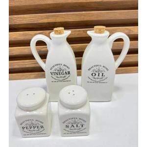 Set de Cuisine 4 Pièces en Céramique – Bouteilles Huile - Vinaigre avec Bouchon en Liège + Salière et Poivrière – Design Élégant “Beautiful Home”
