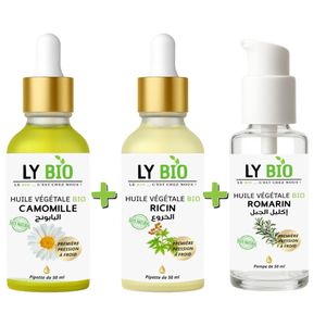 LY BIO PACK HUILE CAMOMILLE 50ML - PIPETTE + HUILE RICIN 50ml - PIPETTE + HUILE ROMARIN 50ml - POMPE