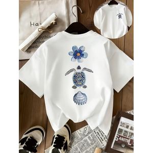 T-shirt décontracté pour femme, printemps/été, à manches courtes et col ras du cou, avec motif floral de coquillage et d'étoile de mer, lavable en machine, design de plage respirant