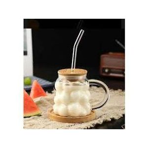 Mug -tasse-verre Avec couvercle en bois et paille – Verres réutilisables pour café glacé, jus, soda, boissons 400ml