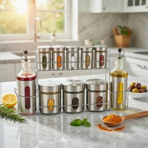 Ensemble de 8 pots à épices avec 2 huiliers et support pour assaisonnements
