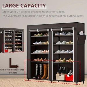 Armoire de chaussure 12 étages avec portes doubles métal et tissu H118 cm L120 cm L30 cm