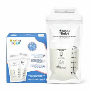 Notre bébé Sachets de Conservation pour Lait Maternel (Boîte de 25) – Double Zip Sécurisé – Pré-stérilisés – Capacité 180 ml – Sans BPA – Congélation à Plat – Graduations Précises