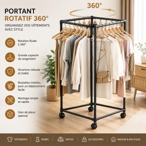 Portant à Vêtements Rotatif 360° avec Roulettes – Organisateur Multifonction pour Chambre et Dressing