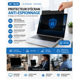 Protecteur d'Écran de Confidentialité Détachable 14 Pouces 16:10 – Film Mat Antireflet HD, Anti-Espionnage, Réutilisable, Installation Facile pour Ordinateur Portable