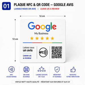 Mifare PLAQUE NFC GOOGLE REVIEW CARRÉE BLANCHE EN ACRYLIQUE & ADHÉSIF 3M