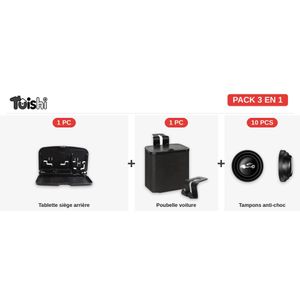 Pack Voiture Famille 3 en 1 – Tablette Siège Arrière Pliable + Poubelle Voiture avec Couvercle + 10 Tampons Anti-Choc Portières