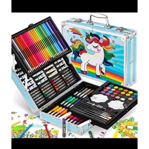 145 pièces incluses : crayons de couleur, pastels à l'huile, feutres, peinture aquarelle, pinceaux, gomme, taille-crayon et accessoires