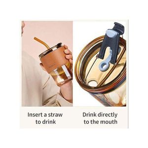 Bouteille en verre avec paille et couvercle hermétique – Gobelet portable pour voyage, bureau et maison, Marron