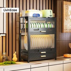 Armoire de rangement cuisine 4 niveaux avec tiroir et porte magnétique – Grande capacité de stockage – Résistante à la rouille – Design moderne pour optimiser l’espace du plan de travail