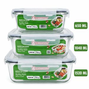 Lamacom Ensemble de 3 Boîtes de Conservation en Verre – 650/1040/1520 ml – Couvercles Hermétiques à Clip – Sans BPA – Anti-Fuite – Idéal pour Conservation, Repas et Cuisine
