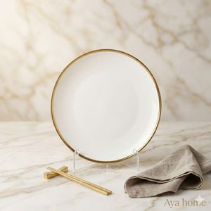 Grand plat Assiette de Présentation de Luxe en Porcelaine Blanche avec Bordure Dorée – Service Élégant, 36 cm-compatible lave vaisselle 