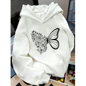 Vêtements d'automne, Vêtements d'hiver, Sweat à capuche, Sweat à capuche à imprimé de fleurs de papillons dessinés à la main dans le style littéraire, Haut facile et polyvalent, Sweat à manches longues décontracté ample surdimensionné, avec poches, Conv