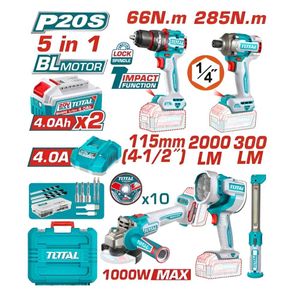 TOTAL Kit de perceuse à percussion, tournevis à percussion, émeri, lampe, lampe de poche 20v