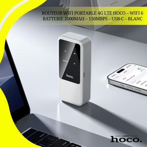 Hoco Routeur WiFi Portable 4G LTE  – WiFi 6 – Batterie 2000mAh – 150Mbps – USB-C – Blanc