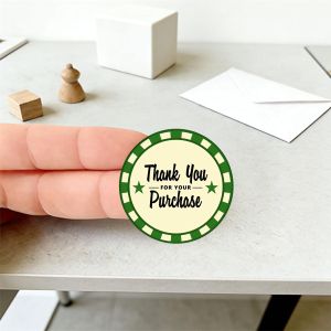 Ensemble de 24 ou 48 autocollants ronds vert et crème, ornés d'étoiles et d'un message de gratitude pour votre achat, idéal pour l'emballage de cadeaux d'entreprise et les applications de vente au détail