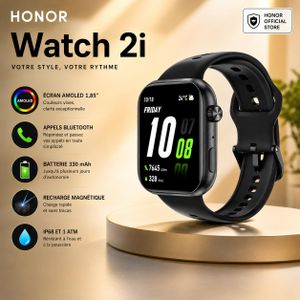 Honor Choice Watch 2i écran AMOLED 1,85", appels Bluetooth, batterie 330 mAh et jusqu'à 14 jours d'autonomie.
