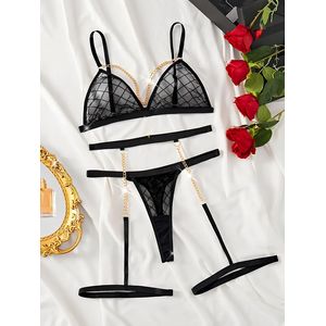 طقم قميص نوم فاخر شفاف مكون من 3 قطع مع سلسلة