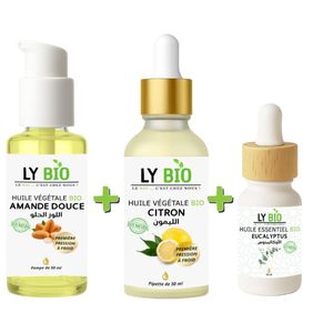 LY BIO PACK HUILE AMANDE DOUCE 50ml - POMPE + HUILE CITRON 50ML - PIPETTE + HUILE ESSENTIEL EUCALYPTUS 10ML