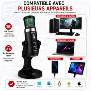 Jmary Microphone USB RGB MC-PW9 avec Réduction du Bruit, Sortie Casque 3.5 mm pour Streaming, Podcast, Gaming et Enregistrement