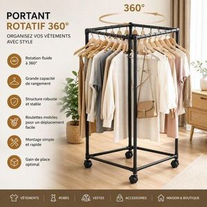 Portant à Vêtements Rotatif 360° avec Roulettes – Organisateur Multifonction pour Chambre et Dressing