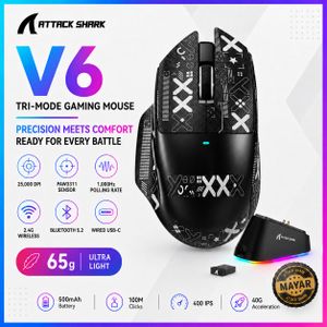ATTACK SHARK Souris Gaming Sans Fil V6 Ultralégère 65 g avec Station de Charge Magnétique RGB – Capteur PAW3311 25 000 DPI, 1000 Hz, Bluetooth 5.2 / 2.4G / USB-C